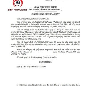 THỦ TỤC XIN GIẤY PHÉP NHẬP KHẨU HOÁ CHẤT CẦN KIỂM SOÁT ĐẶC BIỆT