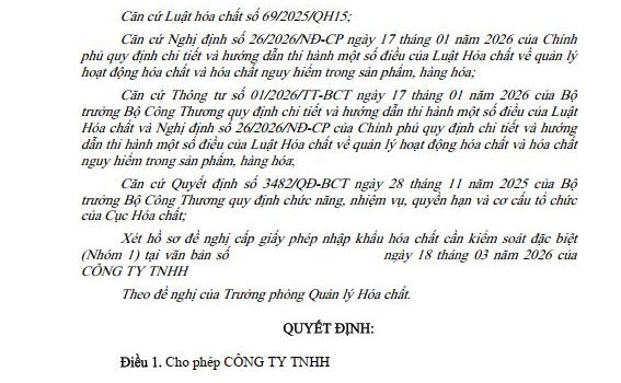 THỦ TỤC XIN GIẤY PHÉP NHẬP KHẨU HOÁ CHẤT CẦN KIỂM SOÁT ĐẶC BIỆT